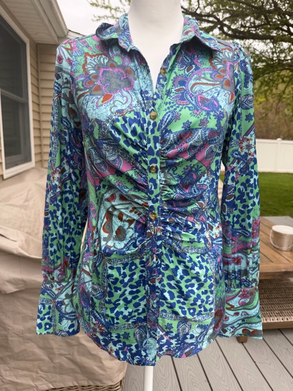 Free people Women's Ruched Front Button-Down Top in Aqua Paisley